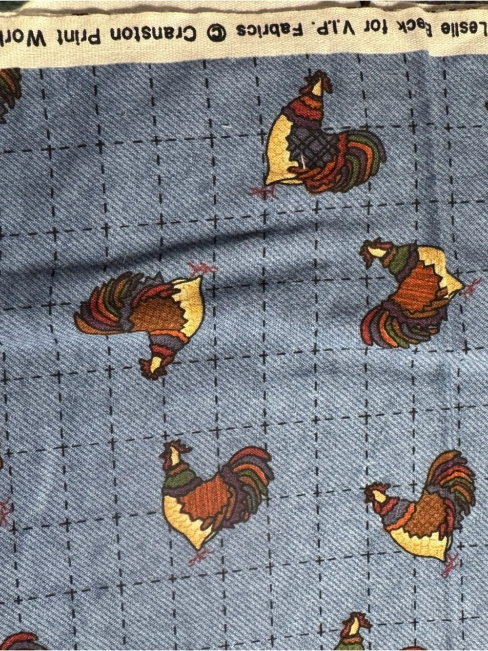 Blue Rooster Pattern Quilt cotton Fabric Home & Craft vintage 1 1/2 Yards #370